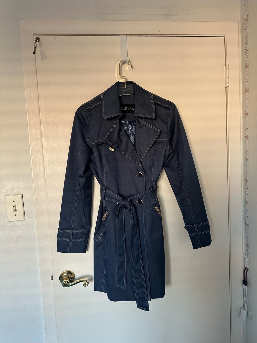 GUESS Navy Double-Breasted Trench Coat with Tie Belt